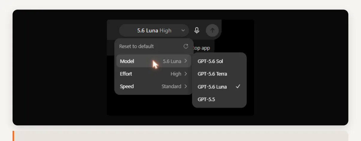 The model menu in ChatGPT Work: GPT-5.6 Sol, Terra and Luna