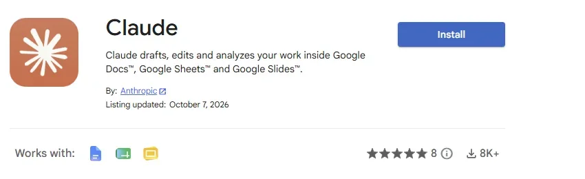 דף Claude ב-Google Workspace Marketplace עם כפתור Install