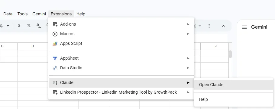 תפריט Extensions ב-Google Sheets עם Claude ו-Open Claude