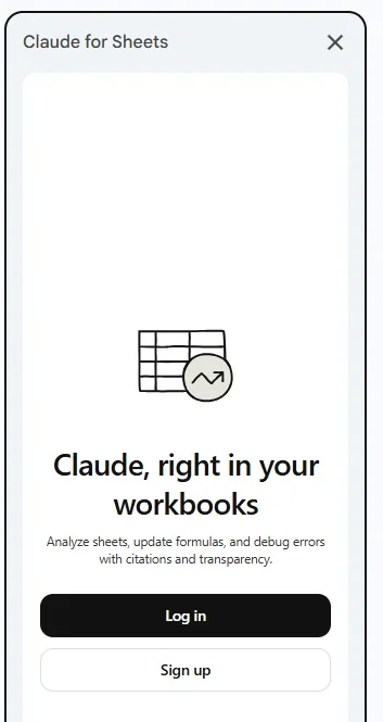 חלונית Claude for Sheets עם כפתורי Log in ו-Sign up