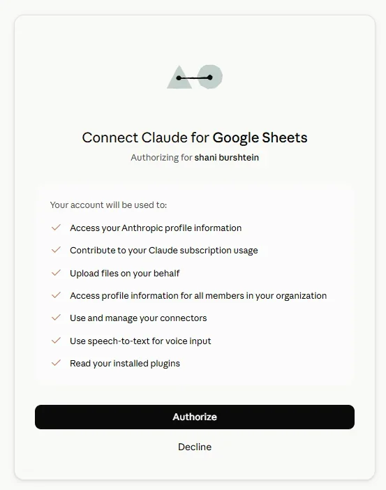 חלון Connect Claude for Google Sheets עם רשימת הרשאות וכפתור Authorize