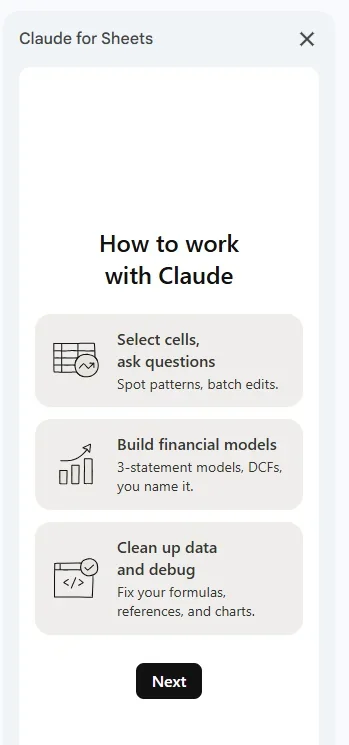מסך How to work with Claude בחלונית Sheets