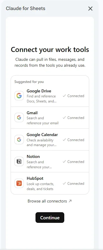 מסך Connect your work tools עם Google Drive, Gmail, Calendar, Notion ו-HubSpot מחוברים