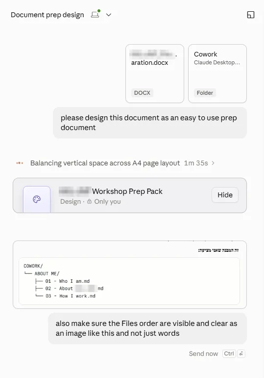 בקשה ל-Design מתוך משימה: קובץ Word של הכנה לסדנה ותיקייה מצורפים, שורת בקשה אחת באנגלית, ואחרי דקה וחצי (