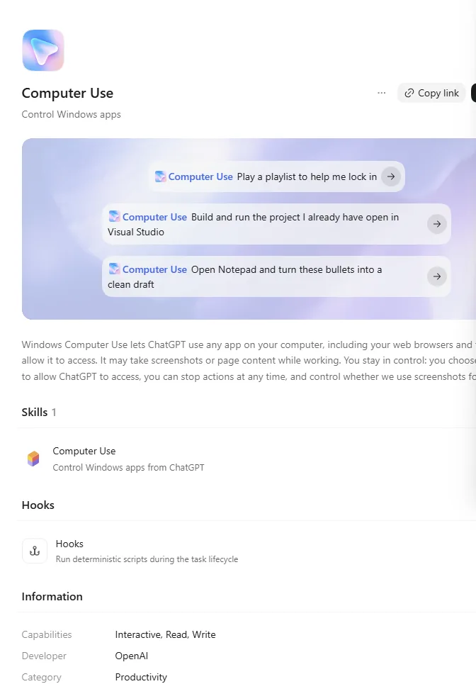 עמוד התוסף. הסקיל דלוק, המפתח הוא OpenAI, וההרשאות הן Interactive, Read, Write