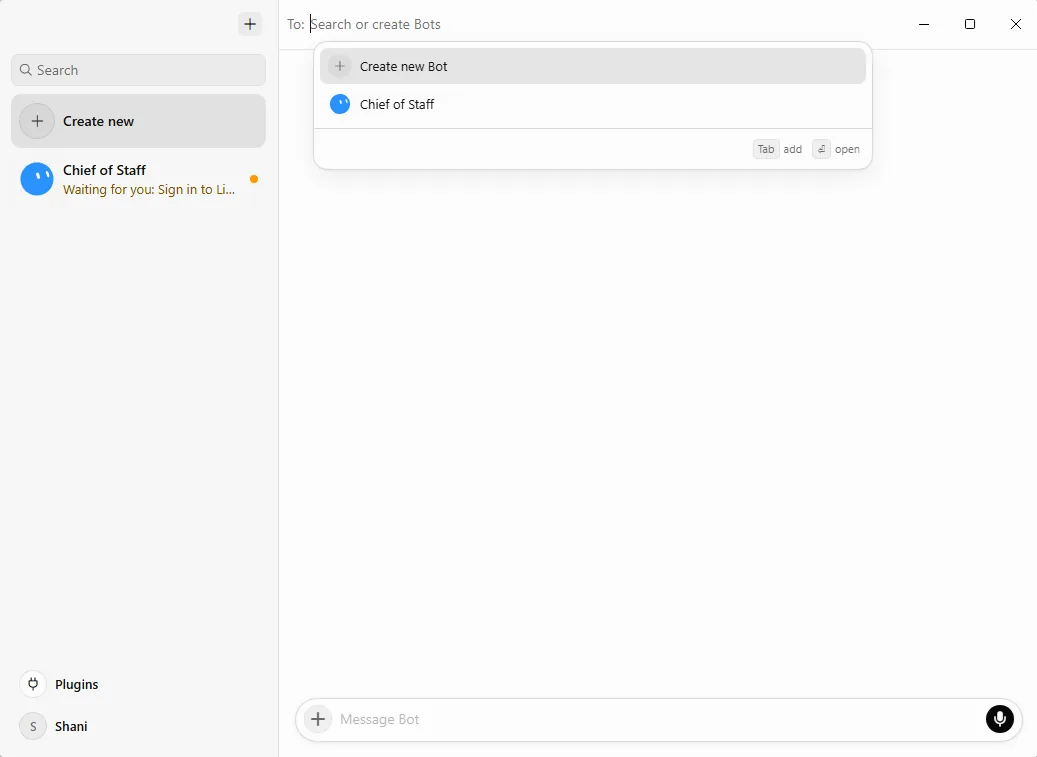 הפלוס פותח Search or create Bots. שימי לב לנקודה הכתומה בסרגל: הבוט הראשון עצר וממתין לך