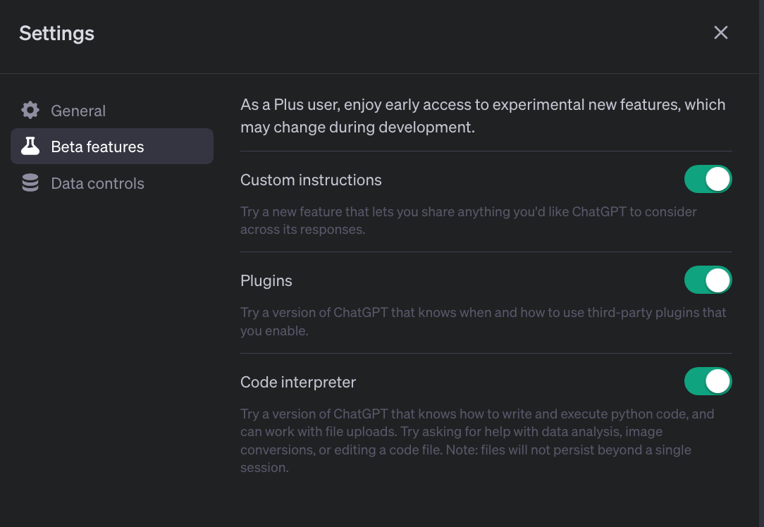 A screenshot of ChatGPT’s Beta features in the Settings menu. Credit: OpenAI