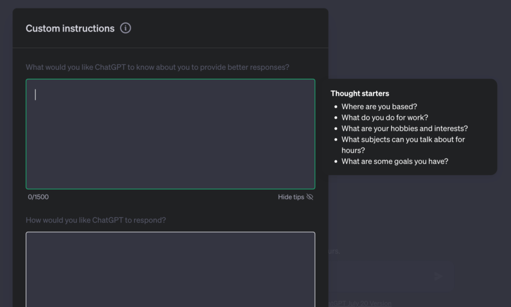 Screenshot of custom instructions setting on ChatGPT Plus web interface. Credit: OpenAI