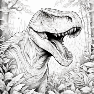 Coloring page for adult, t-rex in the forest