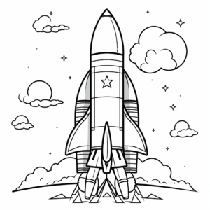 Coloring page for kids, cartoon style rocket 