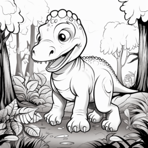 Coloring page for kids, cute t-rex in the forest