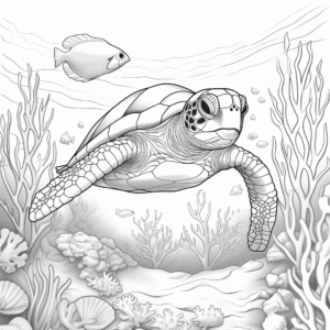 Coloring page, sea turtle swimming besides the coral reefs