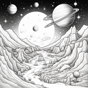 Coloring page, space travel, planets, galaxies and stars