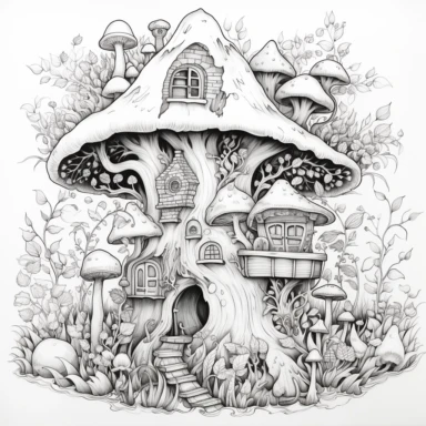 Coloring page, whimsical trees, woodland creatures, and enchanting landscape