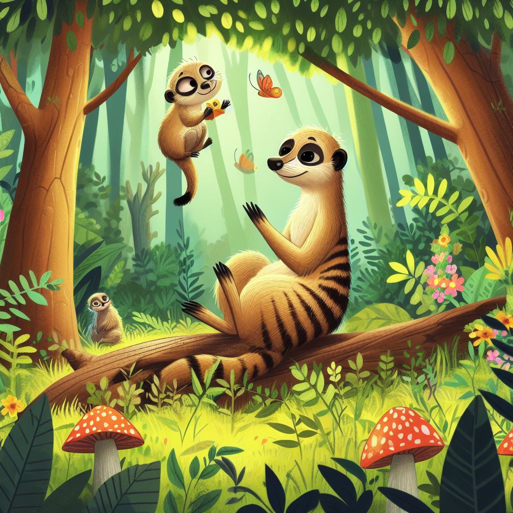 an-illustration-for-a-childrens-book-featuring-‘a-Meerkat-in-the-forest